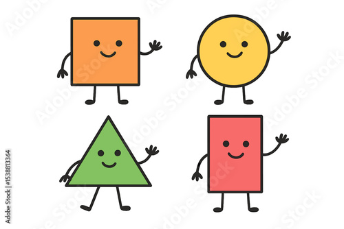 Colorful geometric shapes with smiling faces interact in a playful setting