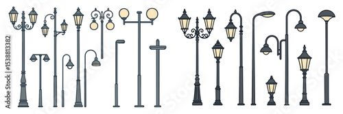 Collection of various street lamp designs in different styles for urban lighting solutions