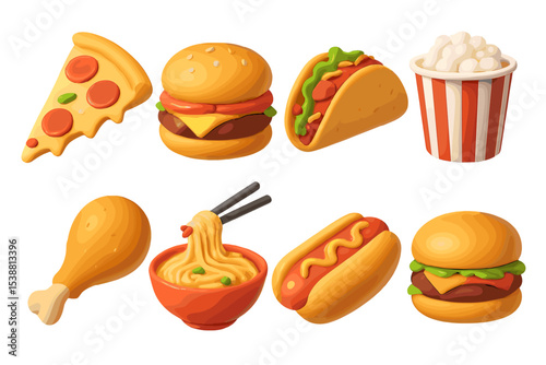 Assorted colorful fast food items displayed on a white background, including pizza, burgers, tacos, and more
