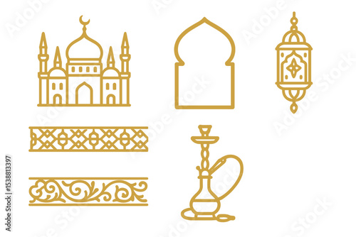 Elegant Arabic architectural elements and decorative motifs featured in a minimalistic design suitable for cultural art projects