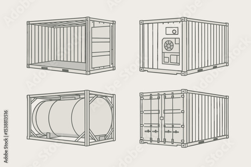 Different types of shipping containers displayed in a technical format for industrial application