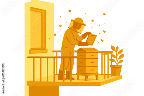 Beekeeper tending to hive on a balcony with bees buzzing around in a sunny environment