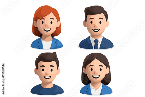 Diverse group of animated characters in professional attire smiling against a plain background