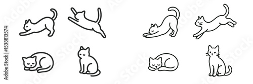Various playful and relaxed cats showcasing different poses and activities in a simple and whimsical style