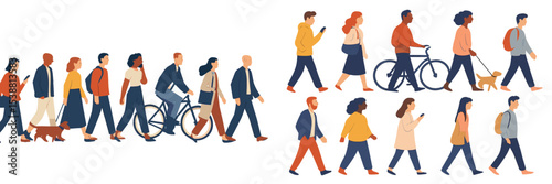 Busy city street with diverse pedestrians and cyclists engaged in daily activities during daytime