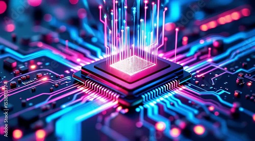 A vibrant microchip surrounded by a glowing circuit board.