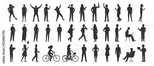 Vector silhouettes of men and a women. Silhouettes of Diverse Business People in Various Poses. Men and Women Standing, Walking, Talking. Vector Set on Transparent Background