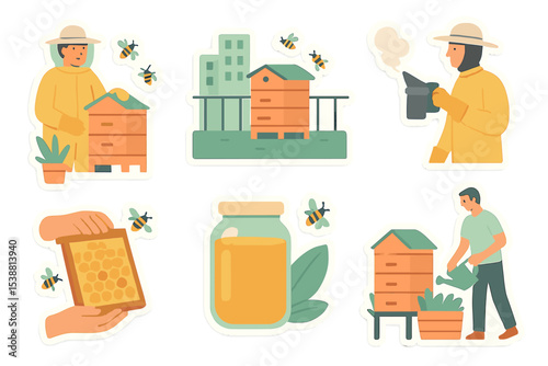 Beekeeper tending hives and harvesting honey in an urban garden setting during a sunny day