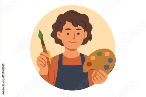 Young artist holding a paintbrush and palette in a creative studio setting