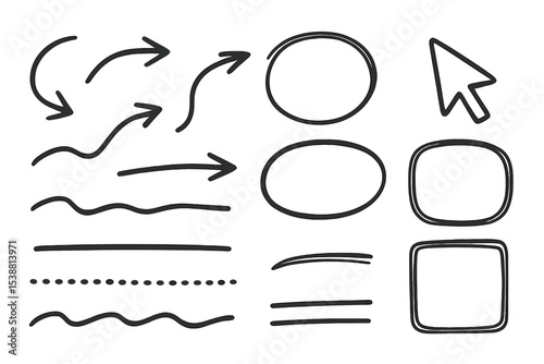 Hand-drawn arrows, shapes, and lines designed for graphic elements in digital content creation