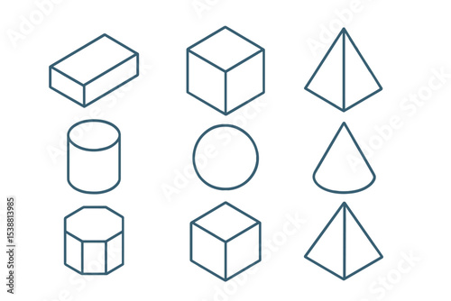 Set of geometric shapes including cube, cylinder, cone, and more arranged in a grid layout for educational purposes