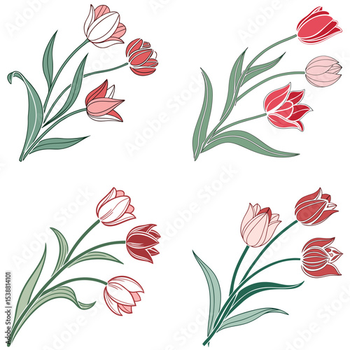 Tulip flower in SVG style, minimal flat design, pink and red variations, green stem, no background
