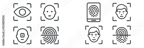 Collection of facial and fingerprint recognition icons showcasing biometric identification technology