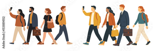 People walking in urban area using smartphones during day with diverse clothing styles and bags