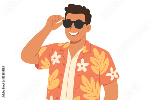 Confident man wearing sunglasses and a floral shirt enjoying summer outdoors