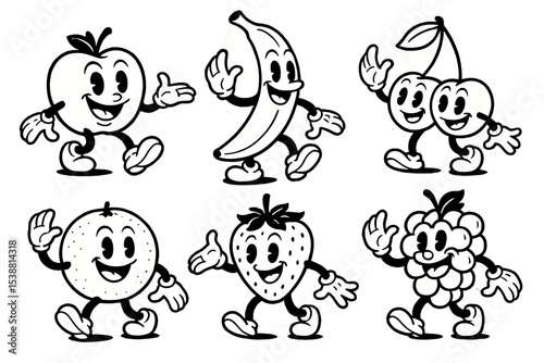 Fun cartoon fruits with cheerful expressions and lively poses represent joy and health in playful designs