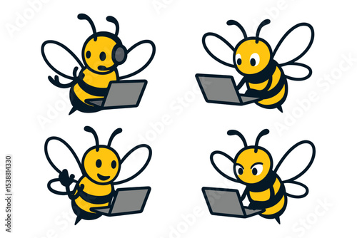 Busy cartoon bees engaged in various tasks on laptops in a cheerful workspace with a fun atmosphere
