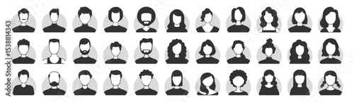 Male and Female Avatar Silhouettes. Anonymous Profile Icons of Diverse People. Black and White Vector Set on Transparent Background