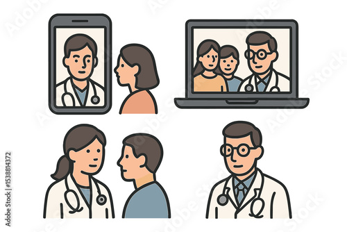 Doctors conducting virtual consultations with patients and families in different settings for medical advice and support