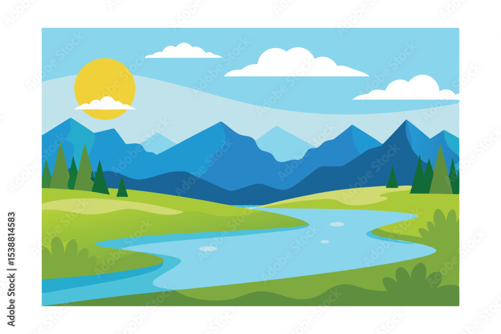 Fototapeta premium Serene Mountain Landscape A River's Gentle Journey Through Majestic Peaks