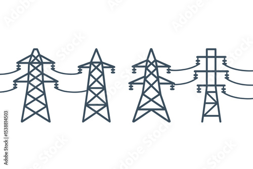 Power transmission towers supporting electrical lines span across a clear sky during the day in a rural landscape