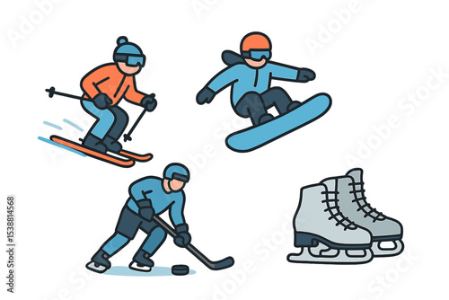 Different winter sports activities including skiing, snowboarding, and ice skating in a snowy landscape