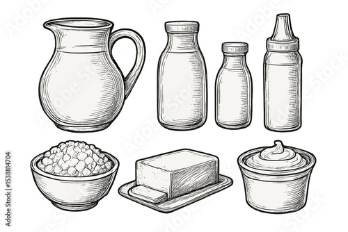 Illustration of various dairy products including milk, butter, cream, and cottage cheese displayed on a clean background