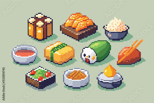 Pixel Art Japanese Food Icons – Sushi, Ramen, and Bento Sprite Set