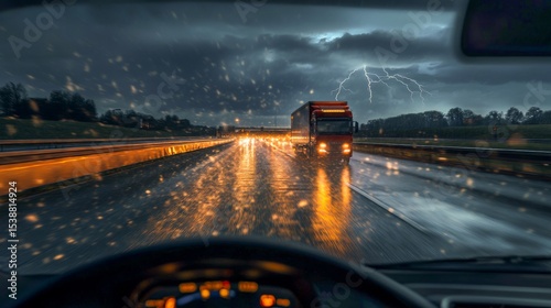 Experiencing the thrill of a lightning storm while navigating a scenic highway lined with autumn foliage. Warm colors reflect on the wet road, creating a nostalgic ambiance for travelers