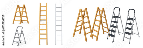 Different types of step ladders in various materials and designs displayed on a white background
