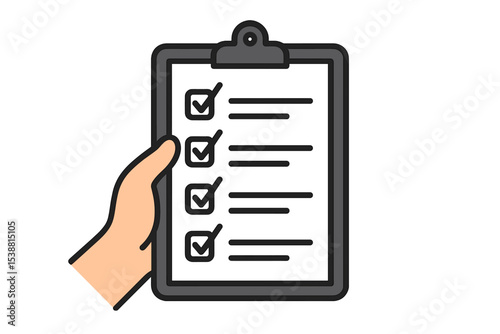 Hand holding a checklist with completed tasks at an office setting during daytime hours