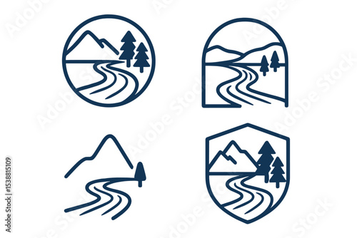 Various designs featuring mountains, trees, and winding paths in a minimalist style representing nature and exploration