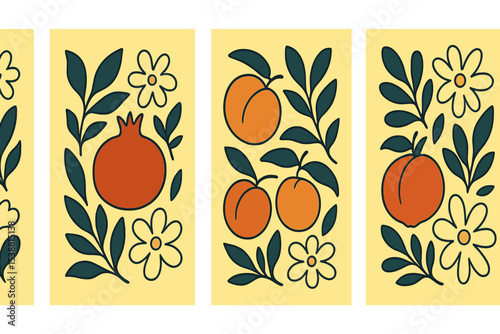 Decorative illustrations featuring fruits and flowers with a bright background showcasing nature's bounty