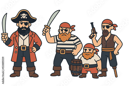 Pirates in playful attire engage in adventure on a colorful cartoon backdrop