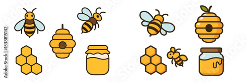 Cute illustrations of bees, honeycombs, and jars of honey in bright colors create a cheerful honey-themed design