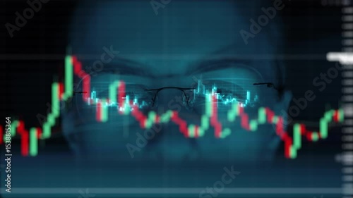 Trader wearing glasses is working on laptop computer. Screen with stock market charts and Bitcoin BTC or Ethereum ETH data analysis reflection. Broker trading online. Altcoins crypto currency trading