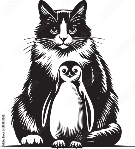 Adorable black and white illustration featuring a friendly cat gently holding a penguin a whimsical animal friendship design perfect for kids books apparel and greeting cards