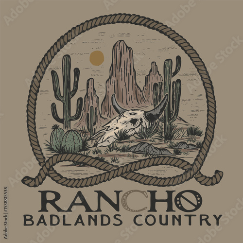 Vintage western wild west cowboys texas head cow skull rope and cactus rodeo illustration print with  slogan text for graphic tee t shirt sweatshirt hoodie and poster - Vector 