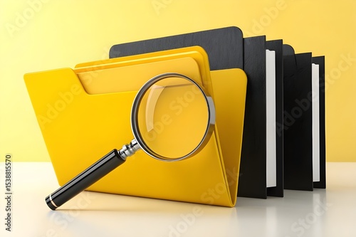 Find data and information within a file folder using a magnifying glass icon for business document search