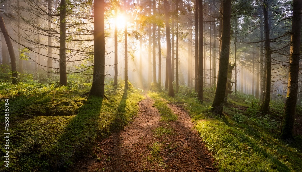 Obraz premium sunlit path through misty forest