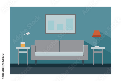 Modern Living Room Interior Design Cozy Sofa, Lamps, and Teal Walls