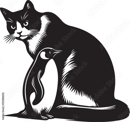 Charming Black and White Illustration of a Cat Gently Holding a Penguin a heartwarming animal friendship graphic design perfect for prints cards and apparel