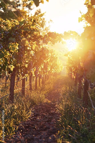 Serene Vineyard Path at Sunset