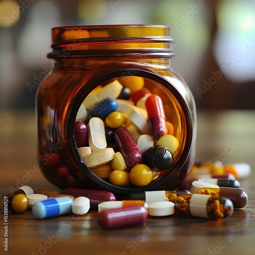 medical capsules and tablets in brown glass container