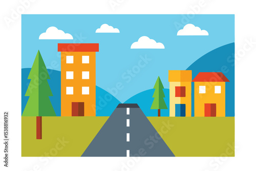 Charming Town Landscape Buildings, Road, and Nature Scene Illustration