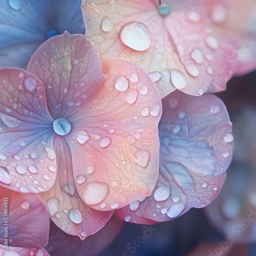 macro shot of flower petals with water droplets in pastel tones