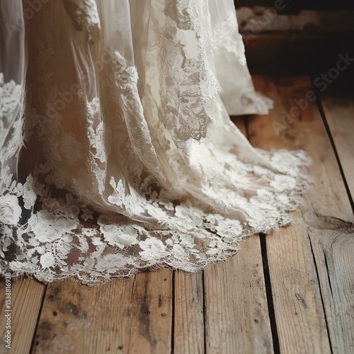 lace ivory gown detail on wooden floor