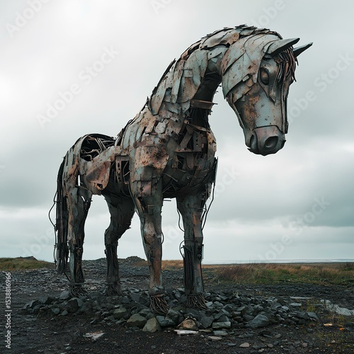 metal horse statue in ruined landscape