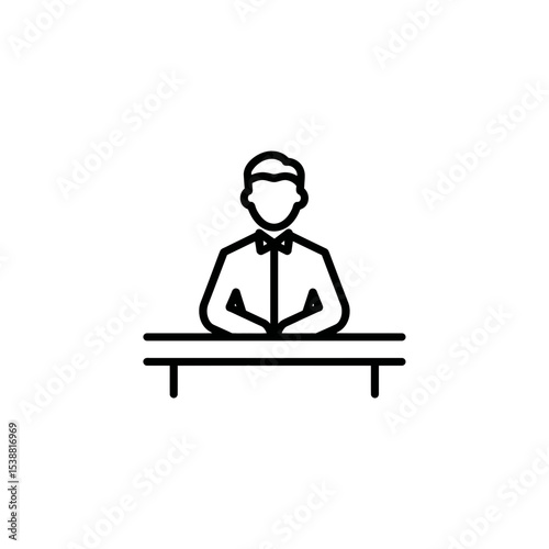 Line art man sits behind desk minimalist outline drawing