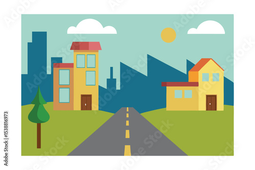 Vibrant Cityscape A Charming Illustration of Urban Life and Suburban Homes